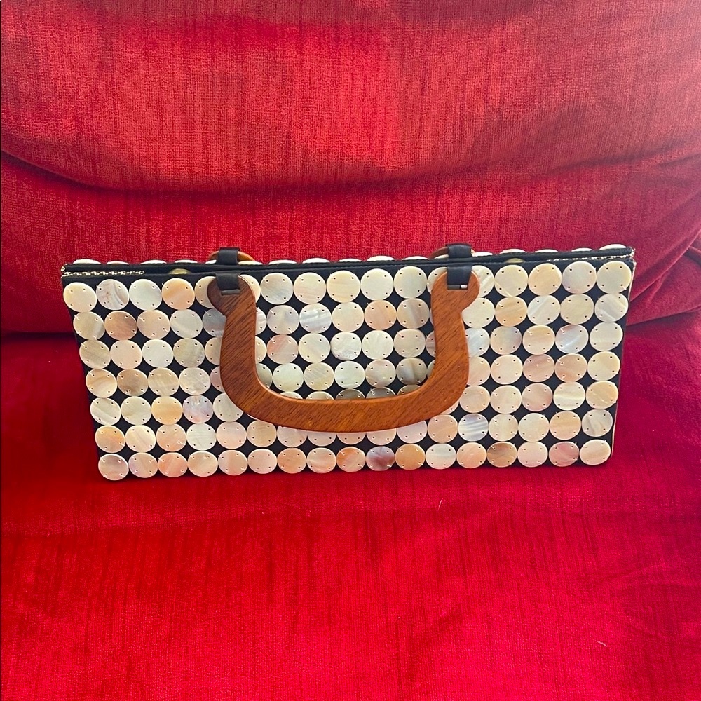 Elegant Mother of Pearl Clutch with Wooden Handle